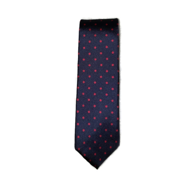 John Henry 100% Italian silk mens tie navy blue with red polka-dots - Picture 4 of 9